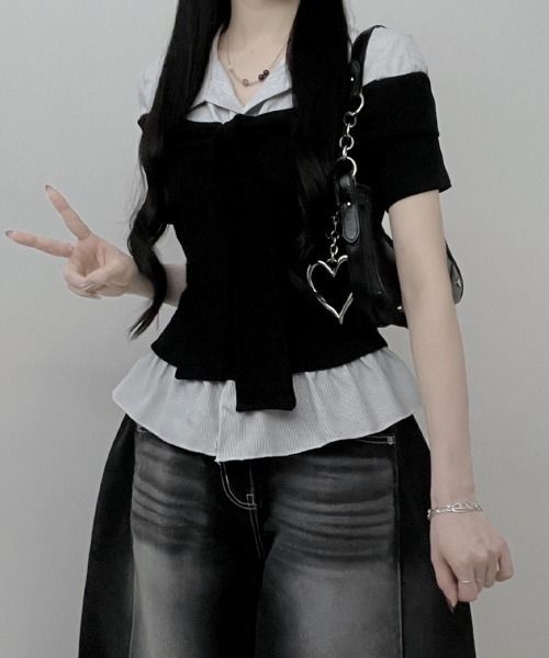 Emilie(エミリー)の「ストライプシャツドッキング オフショルダー風 半袖トップス(シャツ/ブラウス・レディース・グレー/ブラック・FREE)」の16枚目の写真