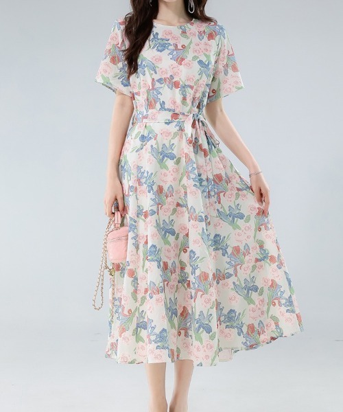 LUCPY(ラクピー)の「フラワープリントリボンワンピース(ワンピース・レディース・ピンク・X-LARGE/LARGE/MEDIUM/SMALL)」の1枚目の写真