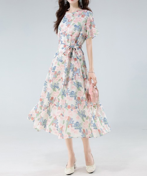 LUCPY(ラクピー)の「フラワープリントリボンワンピース(ワンピース・レディース・ピンク・X-LARGE/LARGE/MEDIUM/SMALL)」の4枚目の写真