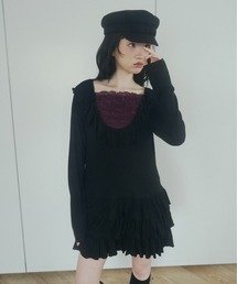 deep u-neck ruffle frill mini dress / ワッフルフリルミニワンピ