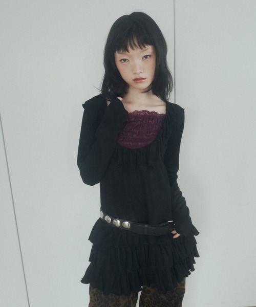 chernyy(チェルニー)の「deep u-neck ruffle frill mini dress / ワッフルフリルミニワンピ(ワンピース・レディース・ブラック/グレー・SMALL/LARGE/MEDIUM)」の17枚目の写真