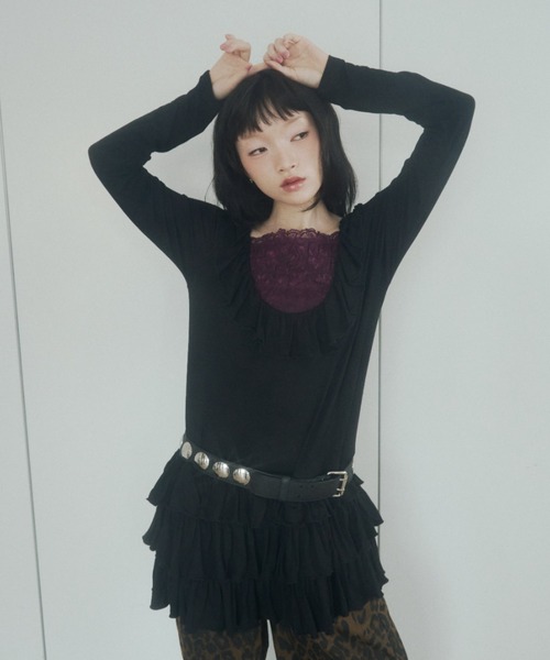 chernyy(チェルニー)の「deep u-neck ruffle frill mini dress / ワッフルフリルミニワンピ(ワンピース・レディース・ブラック/グレー・SMALL/LARGE/MEDIUM)」の18枚目の写真