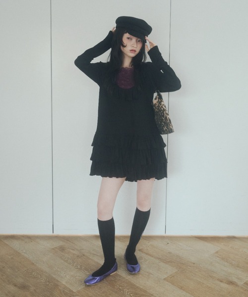 chernyy(チェルニー)の「deep u-neck ruffle frill mini dress / ワッフルフリルミニワンピ(ワンピース・レディース・ブラック/グレー・SMALL/LARGE/MEDIUM)」の20枚目の写真