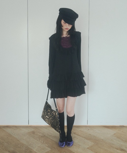chernyy(チェルニー)の「deep u-neck ruffle frill mini dress / ワッフルフリルミニワンピ(ワンピース・レディース・ブラック/グレー・SMALL/LARGE/MEDIUM)」の21枚目の写真