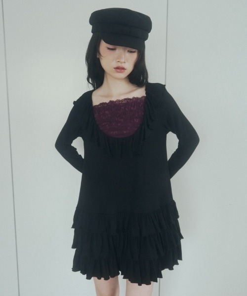 chernyy(チェルニー)の「deep u-neck ruffle frill mini dress / ワッフルフリルミニワンピ(ワンピース・レディース・ブラック/グレー・SMALL/LARGE/MEDIUM)」の6枚目の写真