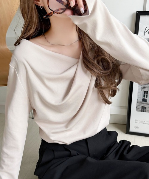 ELEPH エルフ エレフ ロングTシャツ カットソー トップス セール】一枚で絵になる、美しい首元。綿100％シルケット素材ドレープ