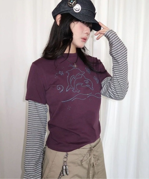 SHEPP(シープ)の「イルカラインストーン ボーダーレイヤード風ロンT(Tシャツ/カットソー・レディース・パープル/ブラック・M/L)」の6枚目の写真