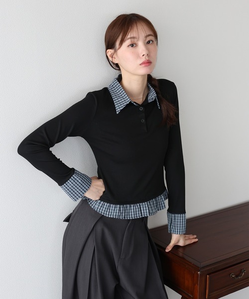 BLUEEAST(ブルーイースト)の「チェックシャツレイヤードライクカットソー(Tシャツ/カットソー・レディース・ブラック/グレー・MEDIUM)」の2枚目の写真