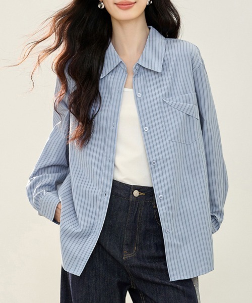 ONEP STAR(ワンピスター)の「オーバーサイズストライプ長袖シャツ(シャツ/ブラウス・レディース・ストライプ・MEDIUM/LARGE/X-LARGE)」の2枚目の写真