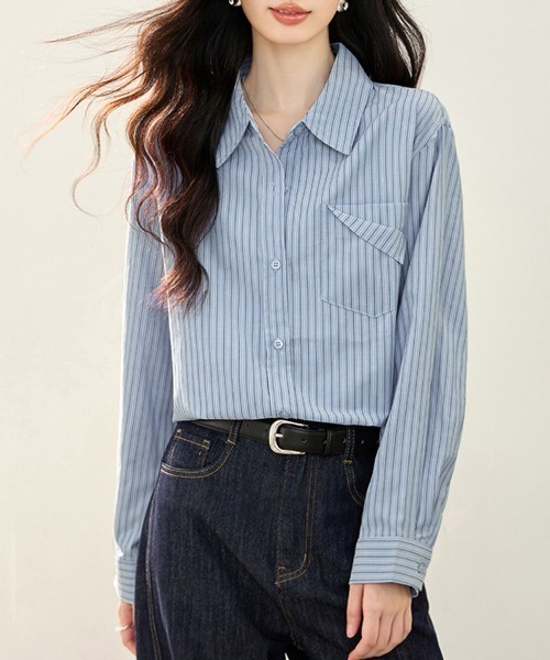 ONEP STAR(ワンピスター)の「オーバーサイズストライプ長袖シャツ(シャツ/ブラウス・レディース・ストライプ・MEDIUM/LARGE/X-LARGE)」の3枚目の写真