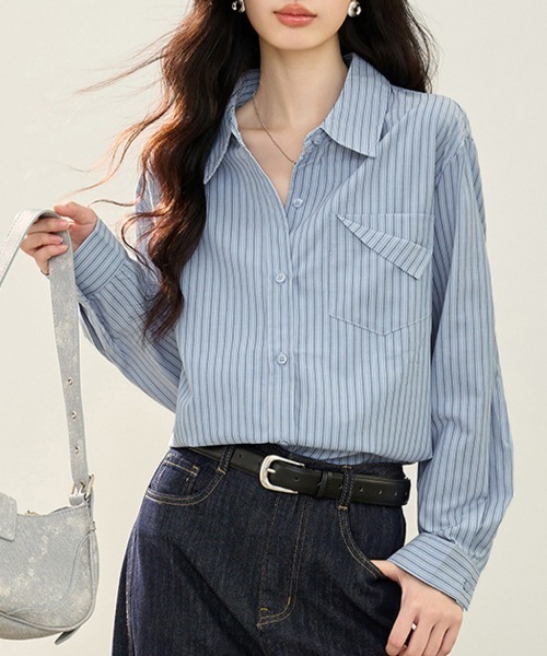 ONEP STAR(ワンピスター)の「オーバーサイズストライプ長袖シャツ(シャツ/ブラウス・レディース・ストライプ・MEDIUM/LARGE/X-LARGE)」の4枚目の写真