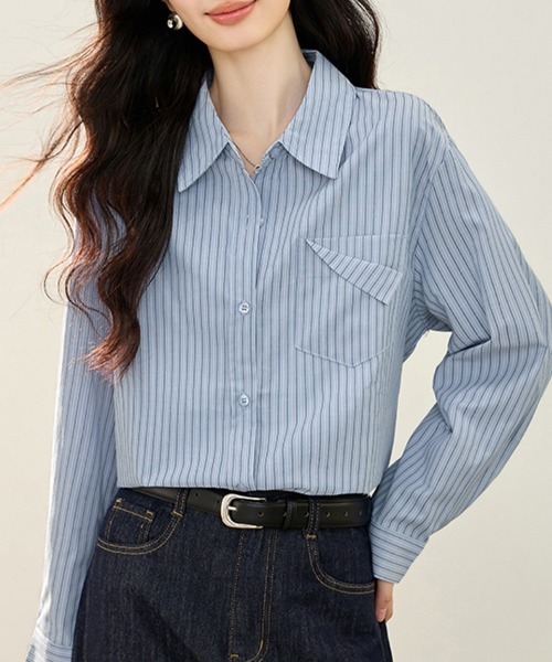 ONEP STAR(ワンピスター)の「オーバーサイズストライプ長袖シャツ(シャツ/ブラウス・レディース・ストライプ・MEDIUM/LARGE/X-LARGE)」の5枚目の写真