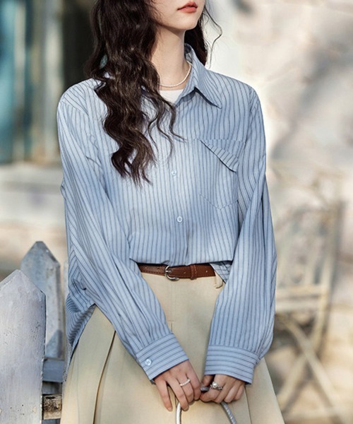 ONEP STAR(ワンピスター)の「オーバーサイズストライプ長袖シャツ(シャツ/ブラウス・レディース・ストライプ・MEDIUM/LARGE/X-LARGE)」の6枚目の写真
