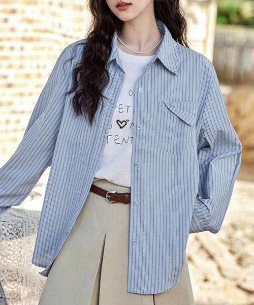 ONEP STAR(ワンピスター)の「オーバーサイズストライプ長袖シャツ(シャツ/ブラウス・レディース・ストライプ・MEDIUM/LARGE/X-LARGE)」の7枚目の写真