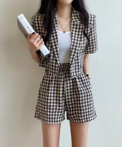 Ritzy（リッツィー）の「ギンガムチェック半袖ショートジャケット＋ショートパンツ セットアップ（セットアップ・レディース・ブラック系/ブラウン系・M/L）」の7枚目の写真
