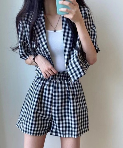 Ritzy（リッツィー）の「ギンガムチェック半袖ショートジャケット＋ショートパンツ セットアップ（セットアップ・レディース・ブラック系/ブラウン系・M/L）」の22枚目の写真