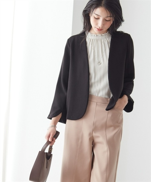 7days Life Styling（セブンデイズライフスタイリング）の「ダブルフェイスラウンドノーカラーショートジャケット（カバーオール・レディース・ブラック/チャコール・L/M/LL/3L）」の6枚目の写真