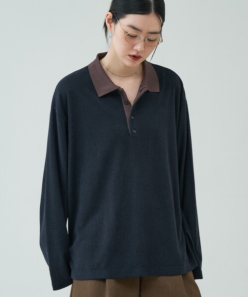 NOMINE(ノミネ)の「パイル カットソー ポロ|配色 ロングスリーブ(Tシャツ/カットソー・レディース・ダークネイビー/グレー/ボルドー・フリー)」の2枚目の写真