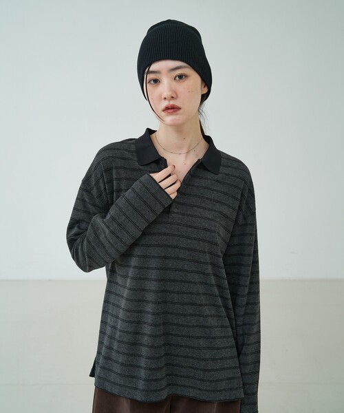 NOMINE(ノミネ)の「パイル カットソー ポロ|配色 ロングスリーブ(Tシャツ/カットソー・レディース・ダークネイビー/グレー/ボルドー・フリー)」の20枚目の写真
