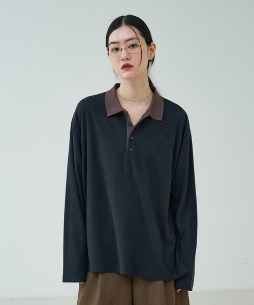 NOMINE(ノミネ)の「パイル カットソー ポロ|配色 ロングスリーブ(Tシャツ/カットソー・レディース・ダークネイビー/グレー/ボルドー・フリー)」の9枚目の写真