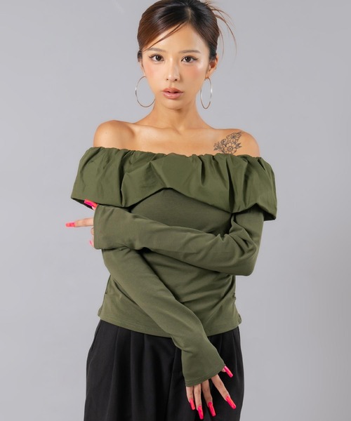 ANAP(アナップ)の「ギャザーオフショルトップス(Tシャツ/カットソー・レディース・カーキ/ホワイト/ブラック・F)」の1枚目の写真
