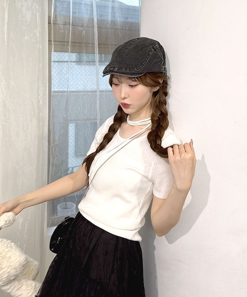 amuiil(アムイル)の「Short Sleeve Knit with Neck ribbon(ニット/セーター・レディース・ブルー/アイボリー/ブラック/ホワイト・FREE)」の1枚目の写真