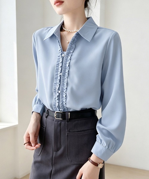 ReRe(リリ)の「フロントフリル長袖シャツ(シャツ/ブラウス・レディース・ブルー/ホワイト・MEDIUM/X-LARGE/LARGE)」の5枚目の写真