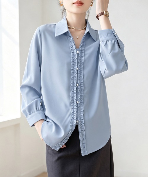 ReRe(リリ)の「フロントフリル長袖シャツ(シャツ/ブラウス・レディース・ブルー/ホワイト・MEDIUM/X-LARGE/LARGE)」の6枚目の写真