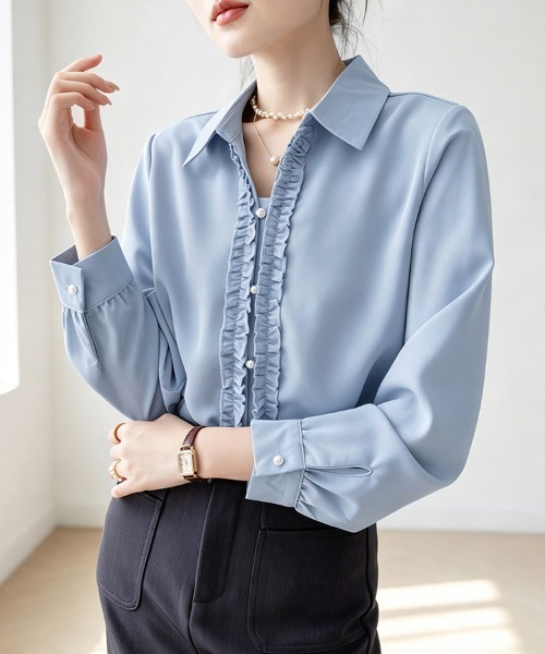 ReRe(リリ)の「フロントフリル長袖シャツ(シャツ/ブラウス・レディース・ブルー/ホワイト・MEDIUM/X-LARGE/LARGE)」の9枚目の写真