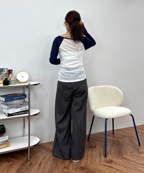 ISOOK(アイスー)の「【ISOOK / アイスー】ピンストライプタックイージーパンツ / ワイドパンツ ストライプパンツ スラックス 総ゴム セミワイド グレー(スラックス・レディース・チャコール・FREE)」の9枚目の写真