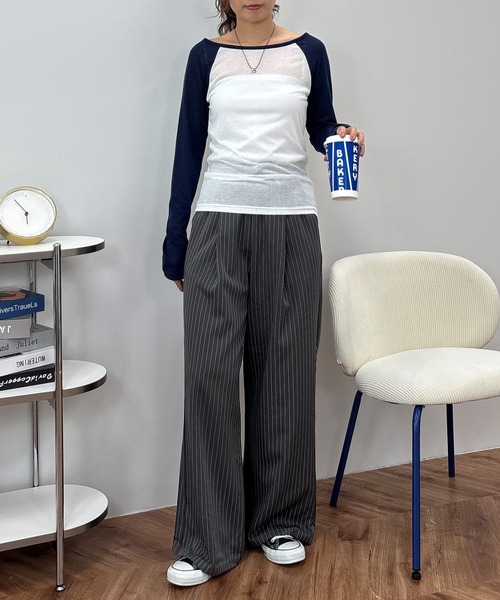 ISOOK(アイスー)の「【ISOOK / アイスー】ピンストライプタックイージーパンツ / ワイドパンツ ストライプパンツ スラックス 総ゴム セミワイド グレー(スラックス・レディース・チャコール・FREE)」の2枚目の写真