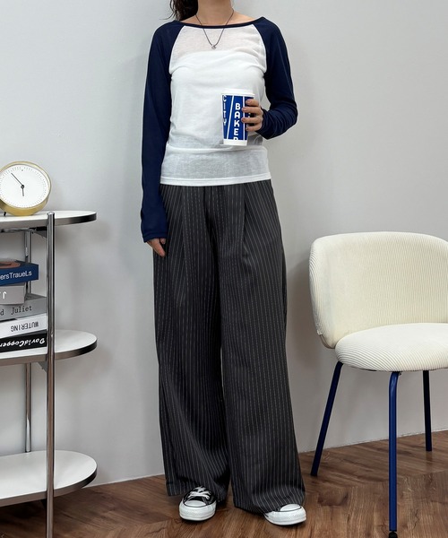 ISOOK(アイスー)の「【ISOOK / アイスー】ピンストライプタックイージーパンツ / ワイドパンツ ストライプパンツ スラックス 総ゴム セミワイド グレー(スラックス・レディース・チャコール・FREE)」の7枚目の写真