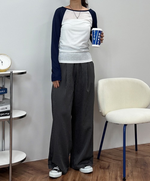 ISOOK(アイスー)の「【ISOOK / アイスー】ピンストライプタックイージーパンツ / ワイドパンツ ストライプパンツ スラックス 総ゴム セミワイド グレー(スラックス・レディース・チャコール・FREE)」の11枚目の写真