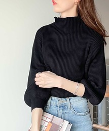 柔らか綿100%。袖ぽわん、ボトルネックパフスリーブリブニット