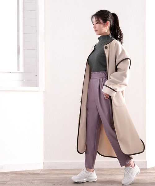 柔らか綿100%。袖ぽわん、ボトルネックパフスリーブリブニット