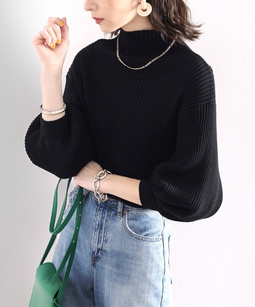 セール】柔らか綿100%。袖ぽわん、ボトルネックパフスリーブリブニット