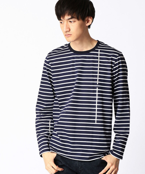 COMME CA MEN(コムサメン)の「ラインプリント ボーダーTシャツ(Tシャツ/カットソー・メンズ・ネイビー/グレー/レッド/ブラック・LARGE/MEDIUM)」の1枚目の写真