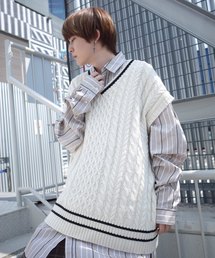 【ビッグシルエット】AFYF 2019AWDS CABLE KNIT VEST/オーバーサイズケーブルニットベスト