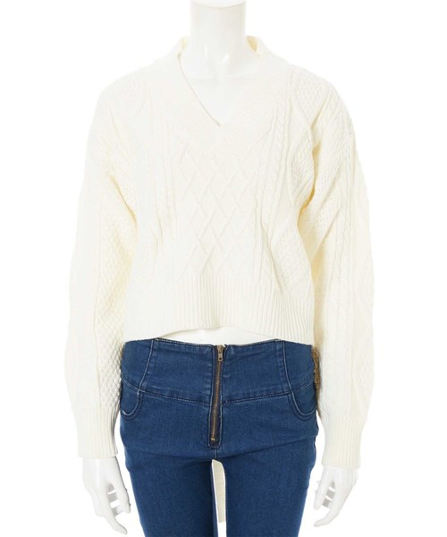 fifth(フィフス)の「バックシャンケーブルVネックニット(ニット/セーター・レディース・ホワイト/ブラウン・MEDIUM)」の10枚目の写真