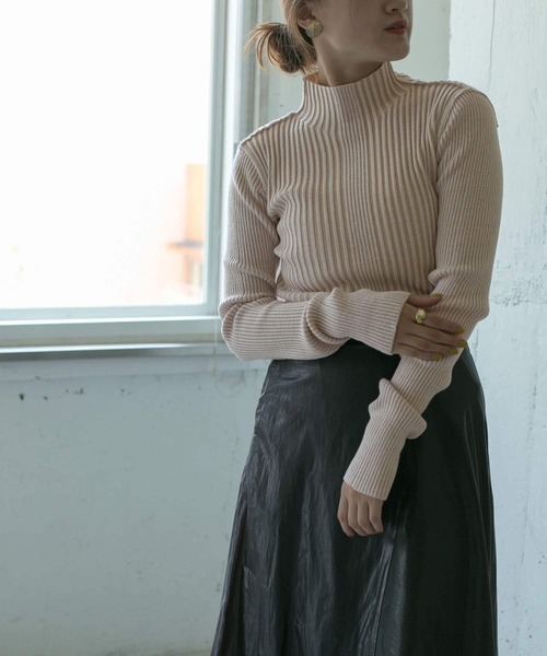 KBF+ ナナメ編みリブハイネックニット KBF KBF+ ナナメ編みリブ