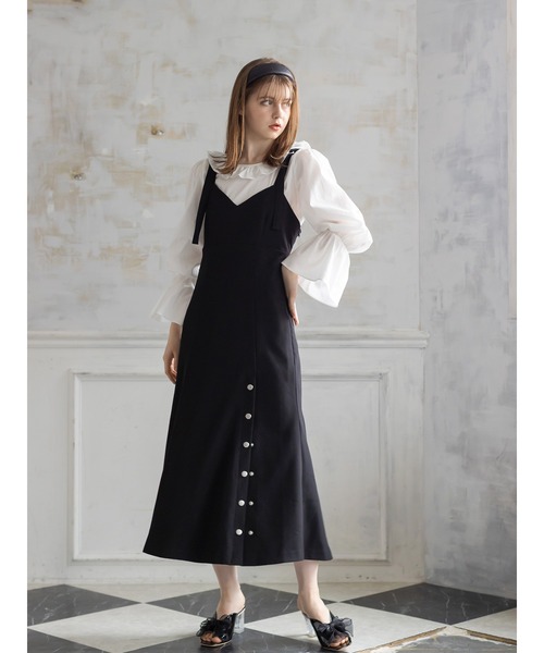 Honey Salon（ハニーサロン）の「スリットロングサロペットワンピース（ワンピース・レディース・ベージュ/ブラック・FREE）」の6枚目の写真