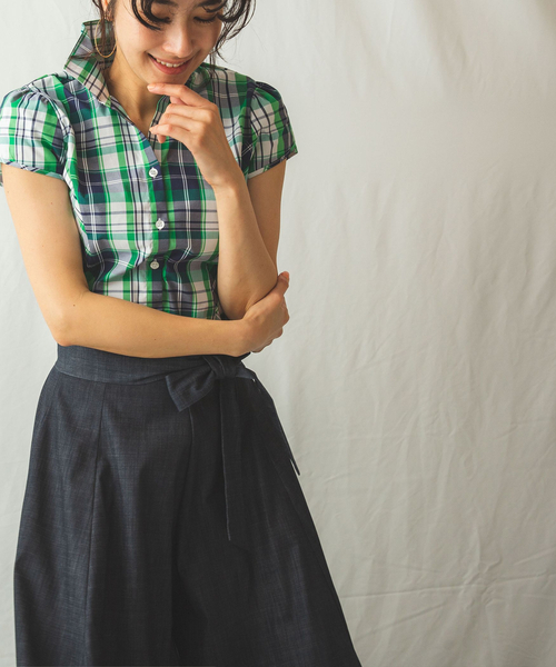 NARACAMICIE（ナラカミーチェ）の「サマーチェックチューリップスリーブ半袖シャツ（シャツ/ブラウス・レディース・グリーン/パープル・LARGE/MEDIUM/SMALL/XX-LARGE/X-LARGE）」の3枚目の写真