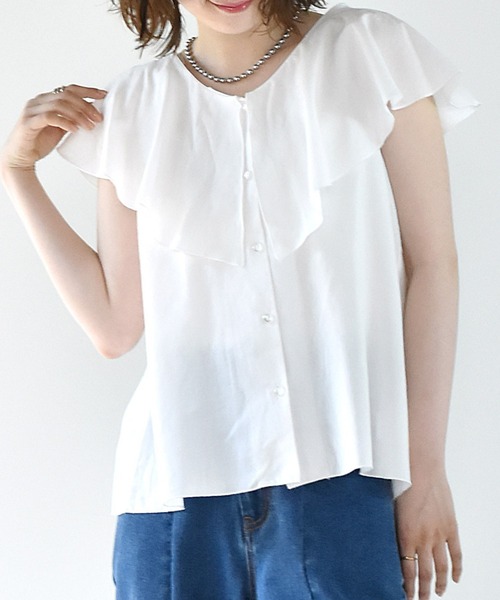 RETRO GIRL(レトロガール)の「フリル襟ノースリブラウス(シャツ/ブラウス・レディース・ブルー/オフホワイト/オレンジ/ブラック・FREE)」の1枚目の写真