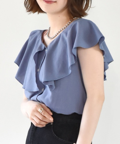 RETRO GIRL(レトロガール)の「フリル襟ノースリブラウス(シャツ/ブラウス・レディース・ブルー/オフホワイト/オレンジ/ブラック・FREE)」の3枚目の写真