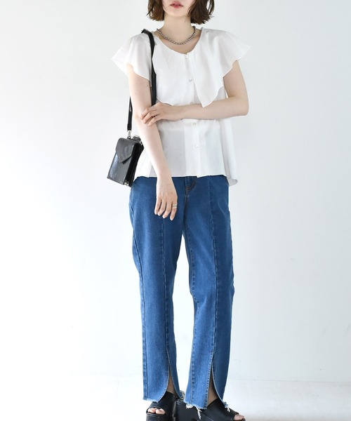 RETRO GIRL(レトロガール)の「フリル襟ノースリブラウス(シャツ/ブラウス・レディース・ブルー/オフホワイト/オレンジ/ブラック・FREE)」の7枚目の写真