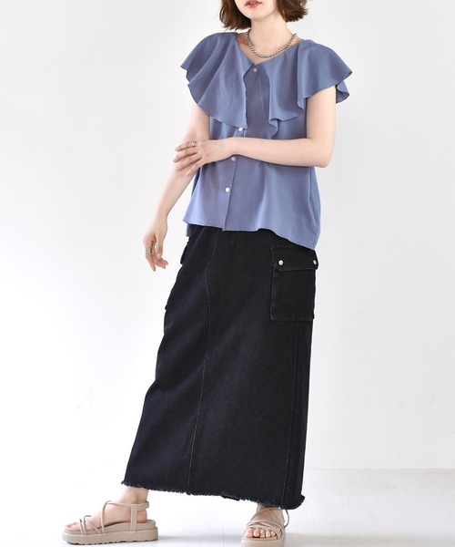 RETRO GIRL(レトロガール)の「フリル襟ノースリブラウス(シャツ/ブラウス・レディース・ブルー/オフホワイト/オレンジ/ブラック・FREE)」の16枚目の写真