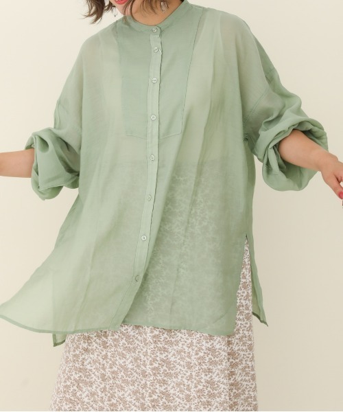 sakishimatokyo（サキシマトーキョー）の「バンドカラーボリュームソデBIGシャツ／シアーブラウス（Tシャツ/カットソー・レディース・ホワイト/ライトブルー/ブラック/グリーン/ラベンダー・FREE）」の4枚目の写真