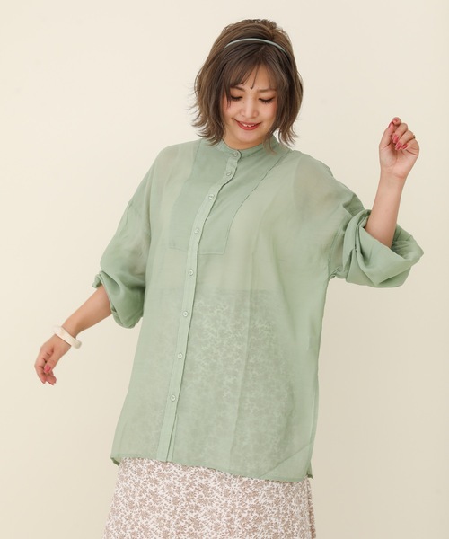 sakishimatokyo（サキシマトーキョー）の「バンドカラーボリュームソデBIGシャツ／シアーブラウス（Tシャツ/カットソー・レディース・ホワイト/ライトブルー/ブラック/グリーン/ラベンダー・FREE）」の8枚目の写真