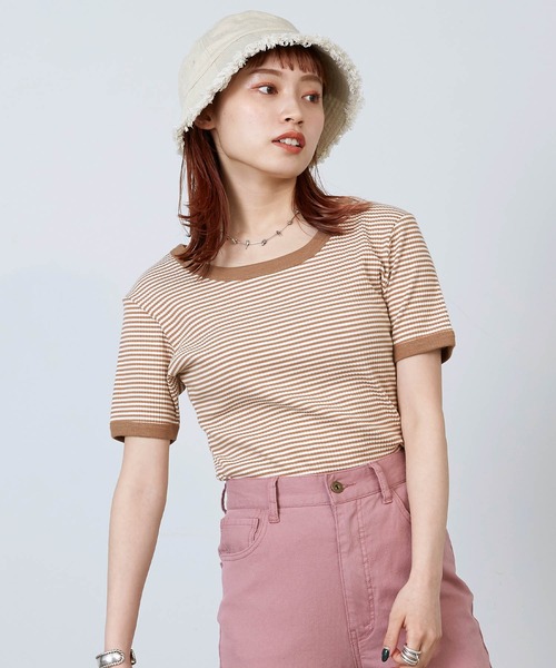 mikke（ミッケ）の「配色パイピングボーダーTリンガーシャツ（Tシャツ/カットソー・レディース・ベージュ/ピンク/ブルー・FREE）」の4枚目の写真