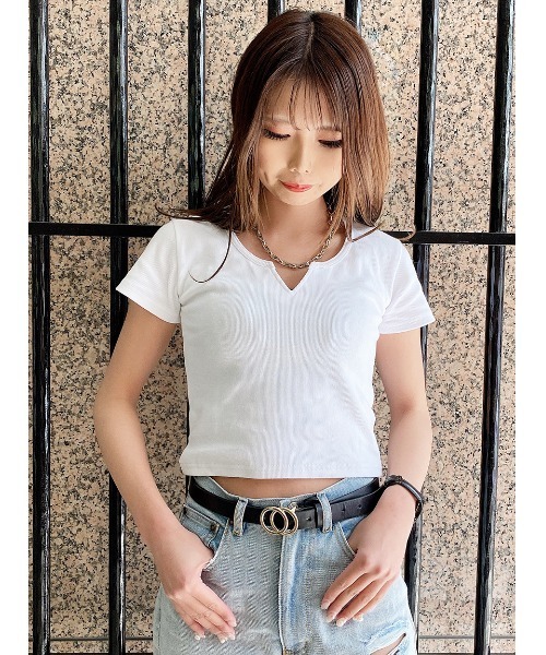 one way（ワンウェイ）の「【oneway Jeans】キーネックテレコトップス（Tシャツ/カットソー・レディース・ライトグレー/ホワイト/ライトブルー/ブラック/オレンジ・FREE）」の2枚目の写真